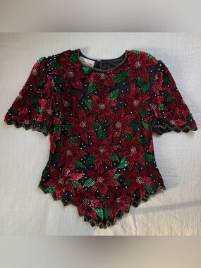 Vintage Laurence Kazar Silk Sequin Poinsettia Beaded Top M Holiday
